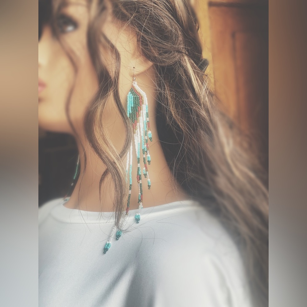 Artisan Crafted Beaded Bohemian Dusters | Long Multi-Tone Fringe Earrings - Picture 6 of 11